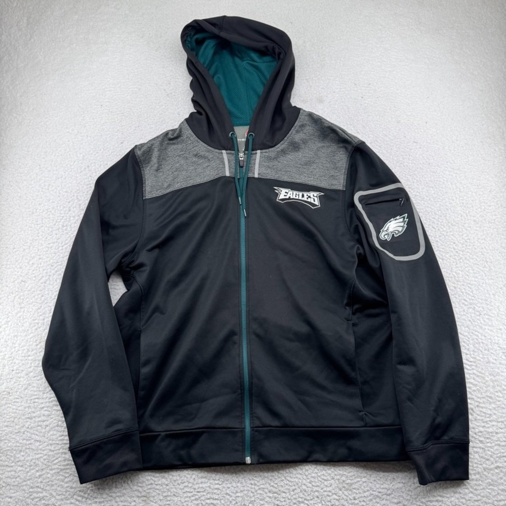 Majestic Philadelphia Eagles Jacket Mens Large Black Full Zip Hood Therma Base